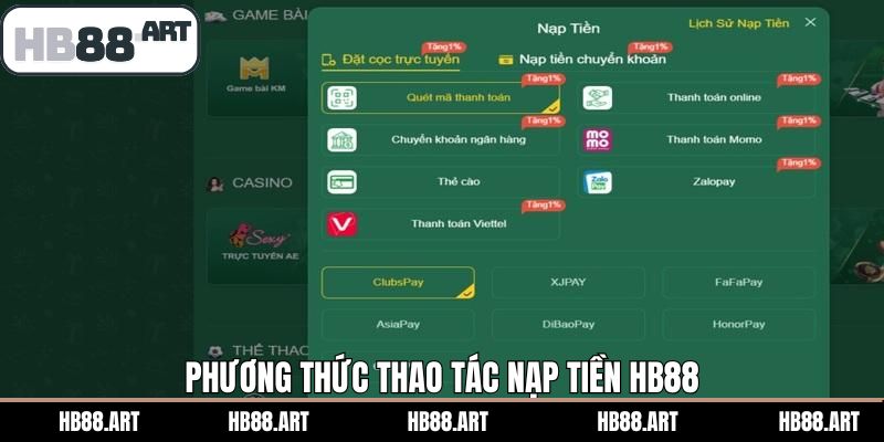 Các hình thức nạp tiền HB88 được hỗ trợ
